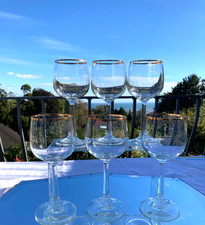 Vintage 6 JASMINE Crystal Clear Industries Gold Trim Wine Water Glasses 7 3/4"