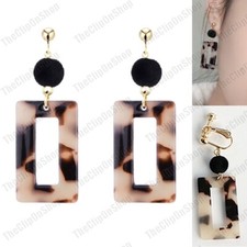 CLIP ON retro DROP dangle SQUARE rectangle NON-PIERCED tortoise shell resin hoop