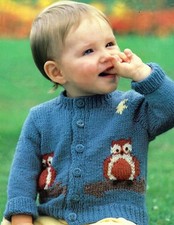 Knitting Pattern To Make Baby/Toddler Owl Motif Cardigan. 18-22 Inch Chest.