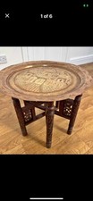 Stunning Moorish Side Table Brass Engraved Top Hand Carved Wood