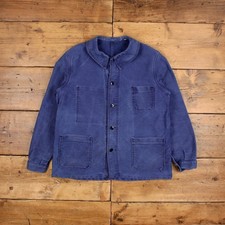 Vintage French Workwear Jacket L 60s Faded Moleskin Blue Button Chore Utility