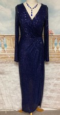 Quiz Evening Maxi Dress 8 Navy Blue Sequin Wrap Style Formal Deco Long Sleeves