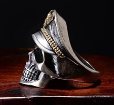 Cool Mens CAPTAIN Skull With Silver Tone PIRATE HEAD Unisex Ring Size ADJUSTABLE