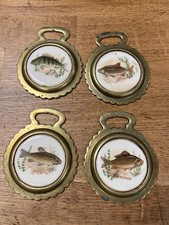 Fishing Wall Display Brass Porcelain Tench perch vintage brass CERMIC INSET  x4