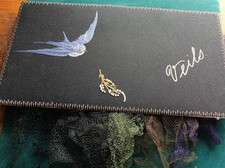 vintage hat lace net veil holder blue bird millinery black wool case embroidery