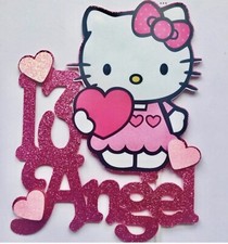 PERSONALISED 7” HELLO KITTY INSPIRED GLITTER  BIRTHDAY CAKE TOPPER NAME & AGE