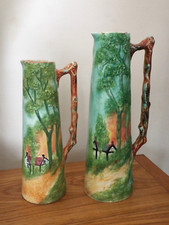 2 x Vintage Radford Art Deco Pottery Cottage Large Jugs Pitchers 29cm 34cm Tall