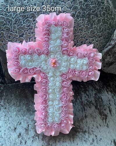 Pink and white cross wreath - and,
