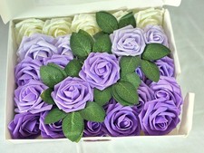 PetalPunch 25 Fake Foam Roses w/ Stems & Leaves – Lavender & White - New