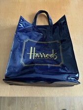 Vintage Harrods PVC Coated Cloth Tote Blue Shopping Shopper Bag.