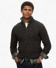 Superdry Jacob Cable Knit Half Zip Jumper Sweater Black Twist Henley Wool 1/4