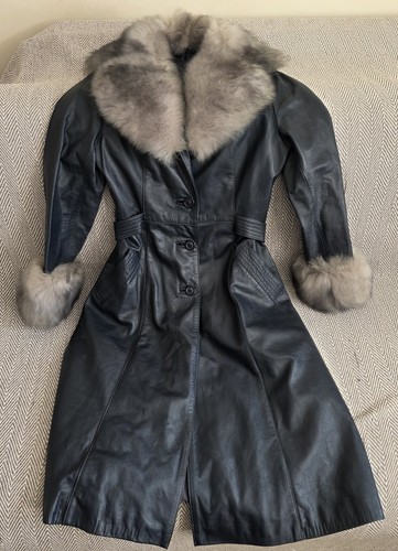 Blue leather trench coat fur - blue,