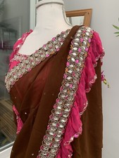 Designer Bollywood Sari, Frilled￼ Edge, Chocolate/fuchsia, Stones/beads Emboss