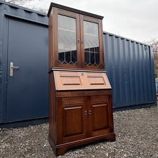 Vintage Tall Bureau Bookcase With Leaded Glass Doors, Dark Oak Veneer Unit