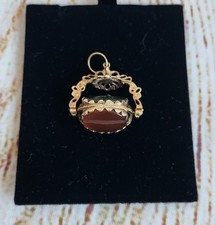 Vintage 90s Large 9ct Gold Spinning Fob Pendant, Onyx, Carnelian And Bloodstone