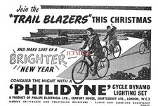 PHILIDYNE Bicycle Dynamo Lighting Set ADVERT (2) Small 1950s Print Ad 162/22