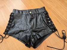WOMEN SHORTS FAUX LEATHER LOOK SIZE S BLACK WET LOOK HOT SHORTS