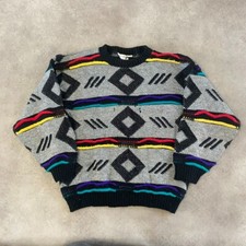 Vintage Knitted Jumper Mens Medium 3D Aztec Style Cosby Sweater Grey