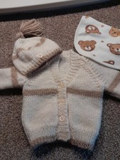 Handknitted Baby Cardigan/ Hat, Teddy Bib New.
