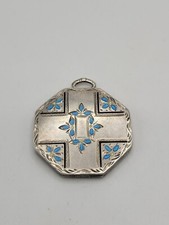 Vintage Art Deco Sterling Blue Enamel Flowers Maltese Cross Locket Pendant