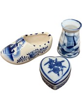 Blue Delft Porcelain Set of 3 Ornamental Items, Trinket Box, Small Vase and Clog