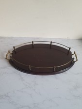 Vintage Mahogany Brass Edwardian Style Gallery Drinks Oval Tray Colonial Decor