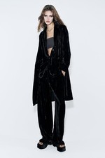 ZARA Velvet Coat Jacket Long Crushed Dress Coat M ZW Collection Black