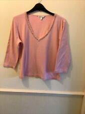 M&Co Blush Pink Cotton V-neck Top With 3/4 Sleeves Ribbon/Bead Details Size M