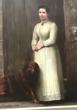 ANTIQUE FRAMED OIL PAINTING OF WOMAN & RED SETTER DOG BY L.WHAITE, DATED 1890