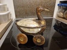 Hand Made Carved Wooden Duck On Wheels Box With Mother Of Pearl Decoration