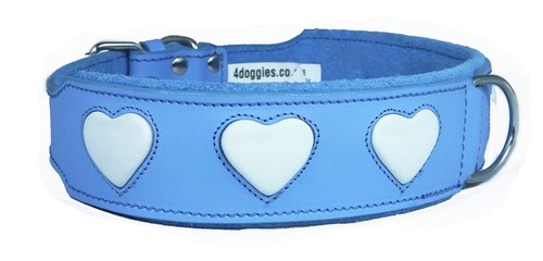 Blue leather dog collar white - blue,