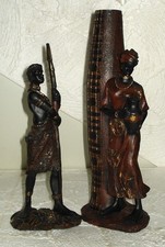 Vintage Masai Kenyan Tribal Couple – Warrior w/ Lance & Woman w/ Vase Figurines