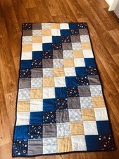 Handmade Patchwork blanket Bedspread Throw moons & stars blue & mustard pram cot
