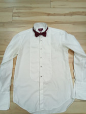 Men's M&S WHITE TUXEDO SHIRT 15" Wing Collar Double Cuffs + burgundy Bowtie 