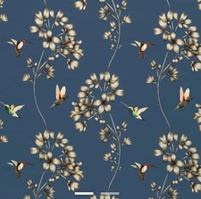 2m HARLEQUIN CURTAIN FABRIC DESIGN "Amazilia” Hummingbirds Indigo fabric