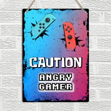 CAUTION ANGRY GAMER Metal Wall Sign Plaque Nintendo Switch Neon Gaming Bedroom