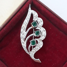VINTAGE LILY-OF-THE-VALLEY SPARKLING GLASS EMERALD & CLEAR FLOWER PIN BROOCH