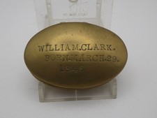 Antique Welsh Brass Miners Tobacco Snuff Tin - WILLIAM CLARK BORN MARCH 29 1846