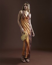 River Island Womens Midi Dress Orange Sleeveless Crinkled Ombre Cowl Neck