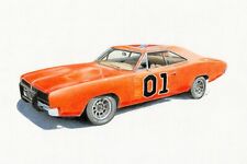 General Lee Dodge Charger Original Coloured Pencil Drawing A3