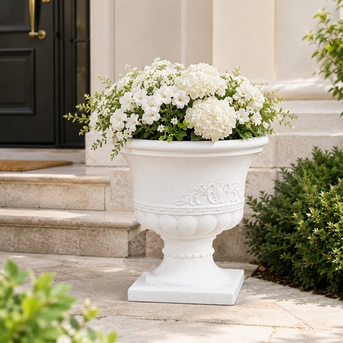 White plastic urn planter - white,
