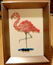 FLAMINGO PICTURE Sparkly Button Art; 7 x 5 ins. Pinks with blue; Hang or Stand