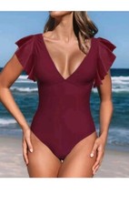 Womens Wine Red Swimming Costume Frills Large UK 12 14, swimsuit, Tummy Con
