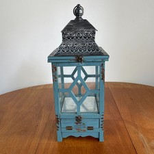 Medium / Large blue Wood Glass Metal Lantern candle holder hurricane lamp