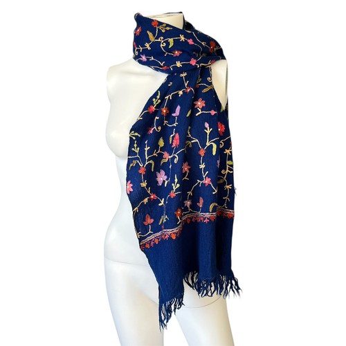 Blue floral embroidered scarf - blue,