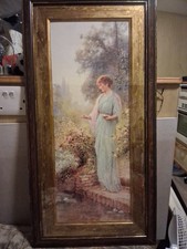 Framed Vintage Beautiful Lady Feeding Fish  In Garden Of Flowers 72 Cm X 37 Cm