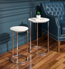 Nest of Tables High Gloss Set of 2 Coffee Side End Table White With Chrome Legs 