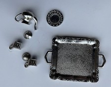 Miniature Dolls House Dishes Silver Tone Tray With Teapot and cups 