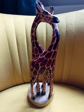Hand crafted Wooden Giraffe Statue Figurine  Entwined Pair African Wood Art .