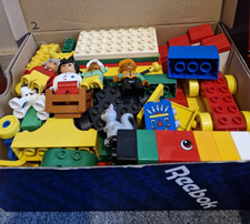 Box of Duplo Bricks, People and Cars.  Pre Owned.